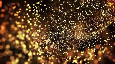 液体中的金<strong>粒子漂浮</strong>和闪烁。 背景有闪闪发光的<strong>金色粒子</strong>，景深和波克。 卢马
